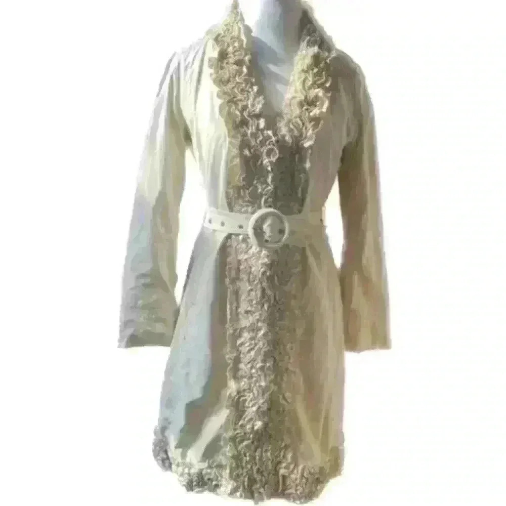 Love Moschino Vintage Cream Ruffle Belted Trench Coat Size 12 Runs Small EUC!